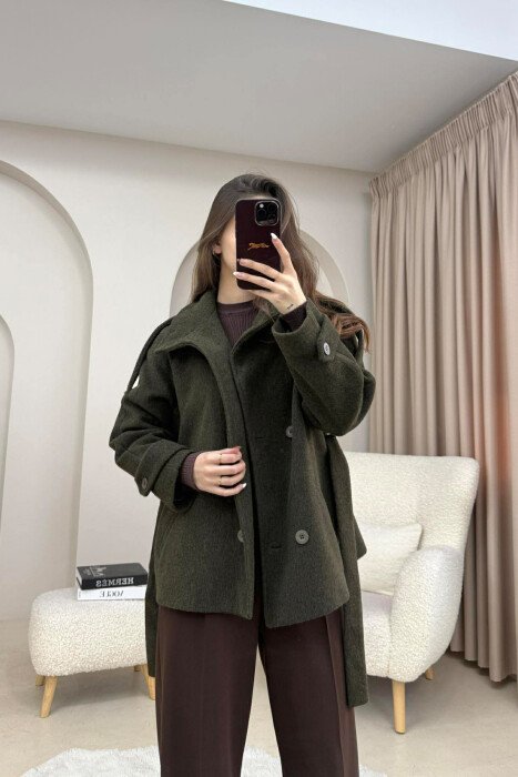 ONE COLOR BUTTONED WOMAN COAT WITH BELT DARK GREEN/JEE - 3