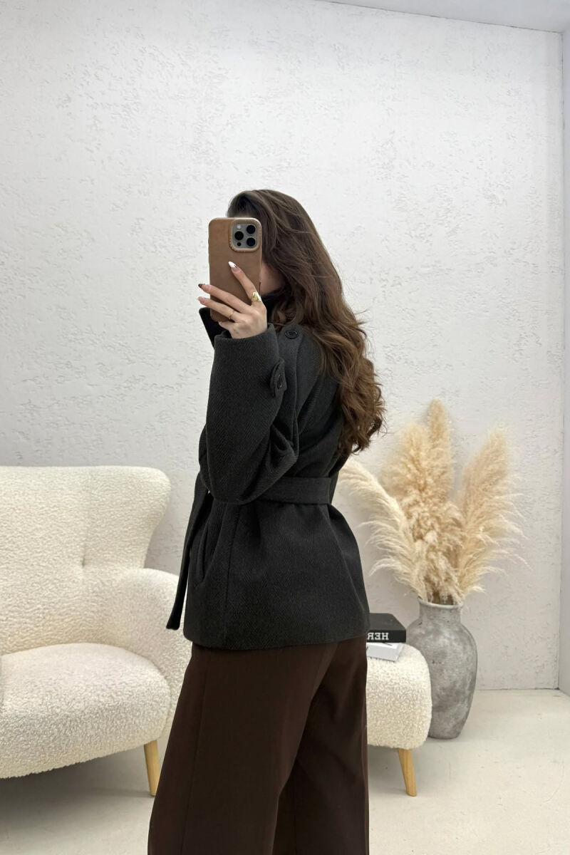 ONE COLOR BUTTONED WOMAN COAT WITH BELT DARK GREY/GEE - 3