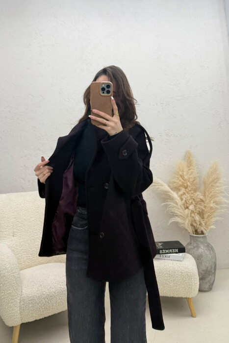ONE COLOR BUTTONED WOMAN COAT WITH BELT DARK PURPLE/LEJLA ERRET - 3