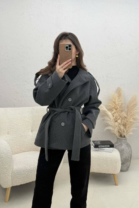 ONE COLOR BUTTONED WOMAN COAT WITH BELT GREY ASH/GRI HIRI - 1