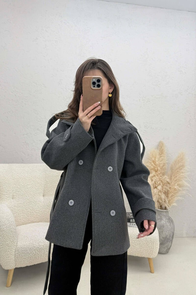 ONE COLOR BUTTONED WOMAN COAT WITH BELT GREY ASH/GRI HIRI - 2