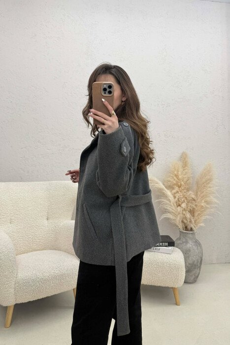 ONE COLOR BUTTONED WOMAN COAT WITH BELT GREY ASH/GRI HIRI - 3