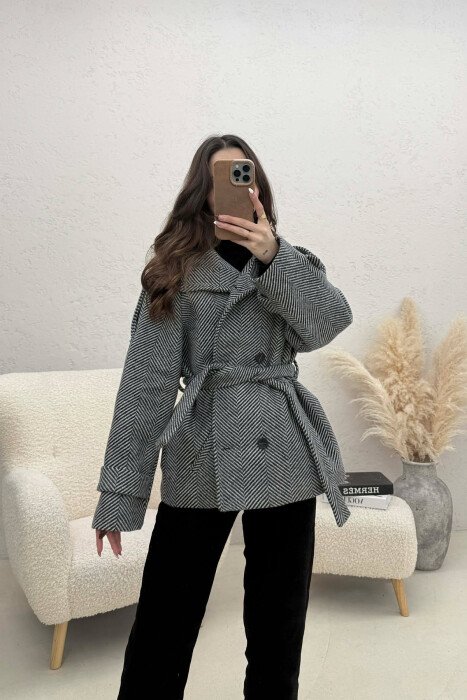 ONE COLOR BUTTONED WOMAN COAT WITH BELT GREY-WHITE/GRBA - 1