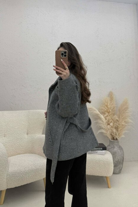 ONE COLOR BUTTONED WOMAN COAT WITH BELT GREY-WHITE/GRBA - 2