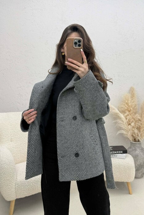 ONE COLOR BUTTONED WOMAN COAT WITH BELT GREY-WHITE/GRBA - 3