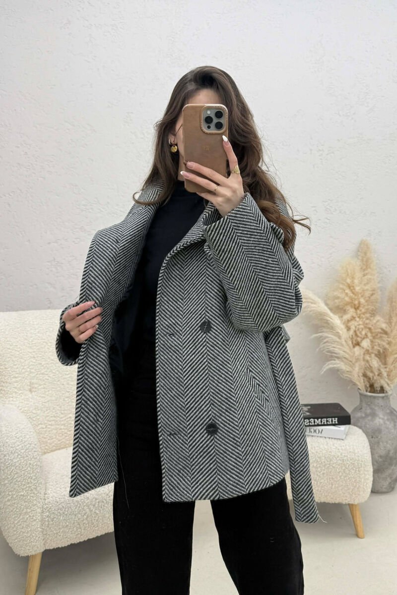 ONE COLOR BUTTONED WOMAN COAT WITH BELT GREY-WHITE/GRBA - 3