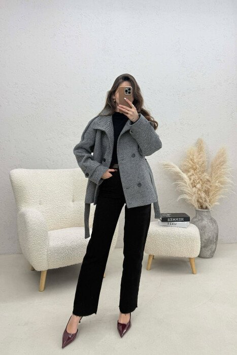 ONE COLOR BUTTONED WOMAN COAT WITH BELT GREY-WHITE/GRBA - 4