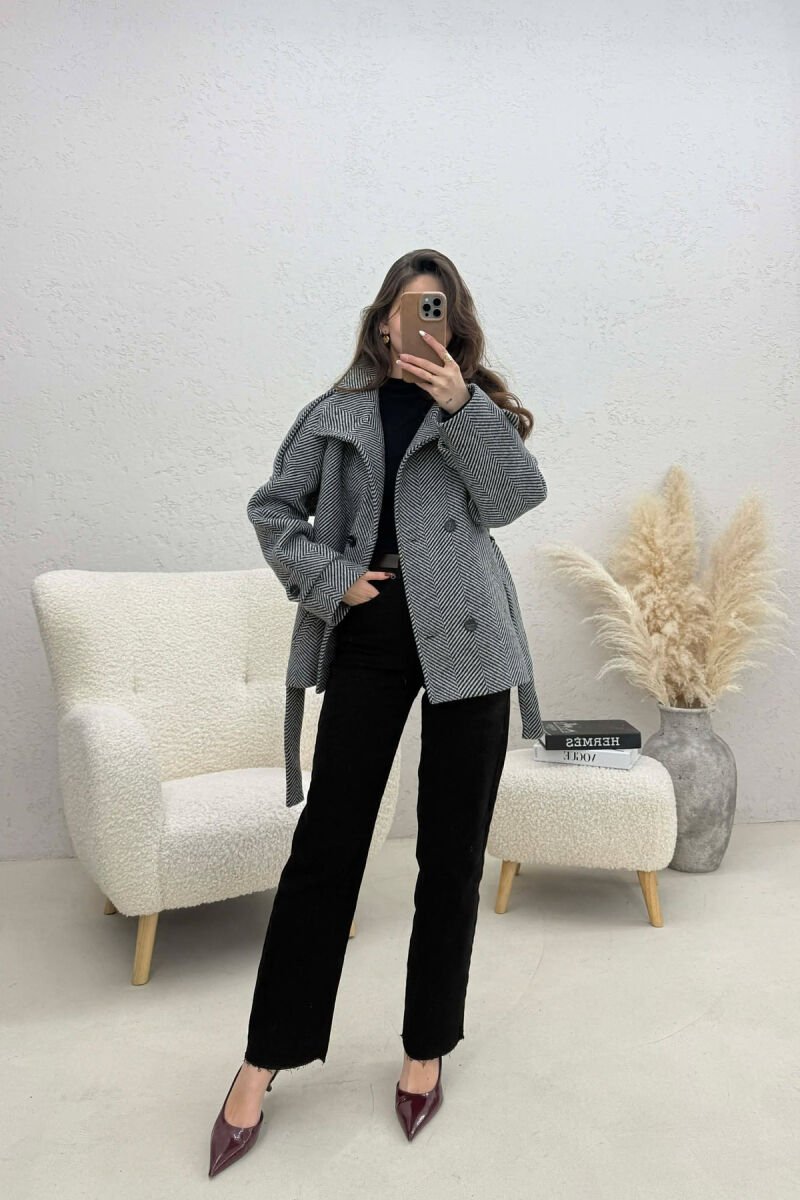 ONE COLOR BUTTONED WOMAN COAT WITH BELT GREY-WHITE/GRBA - 4