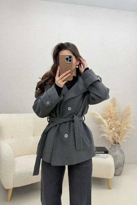 ONE COLOR BUTTONED WOMAN COAT WITH BELT GREY/GRI 