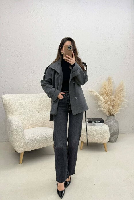 ONE COLOR BUTTONED WOMAN COAT WITH BELT GREY/GRI - 2
