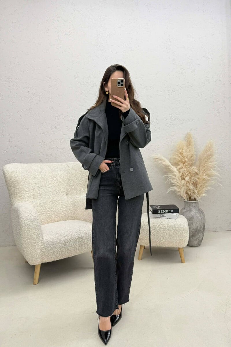 ONE COLOR BUTTONED WOMAN COAT WITH BELT GREY/GRI - 2