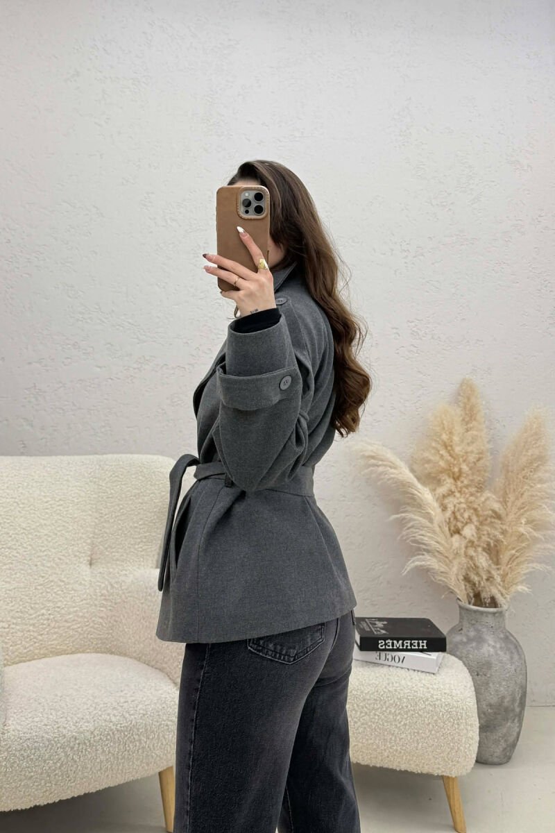 ONE COLOR BUTTONED WOMAN COAT WITH BELT GREY/GRI - 3
