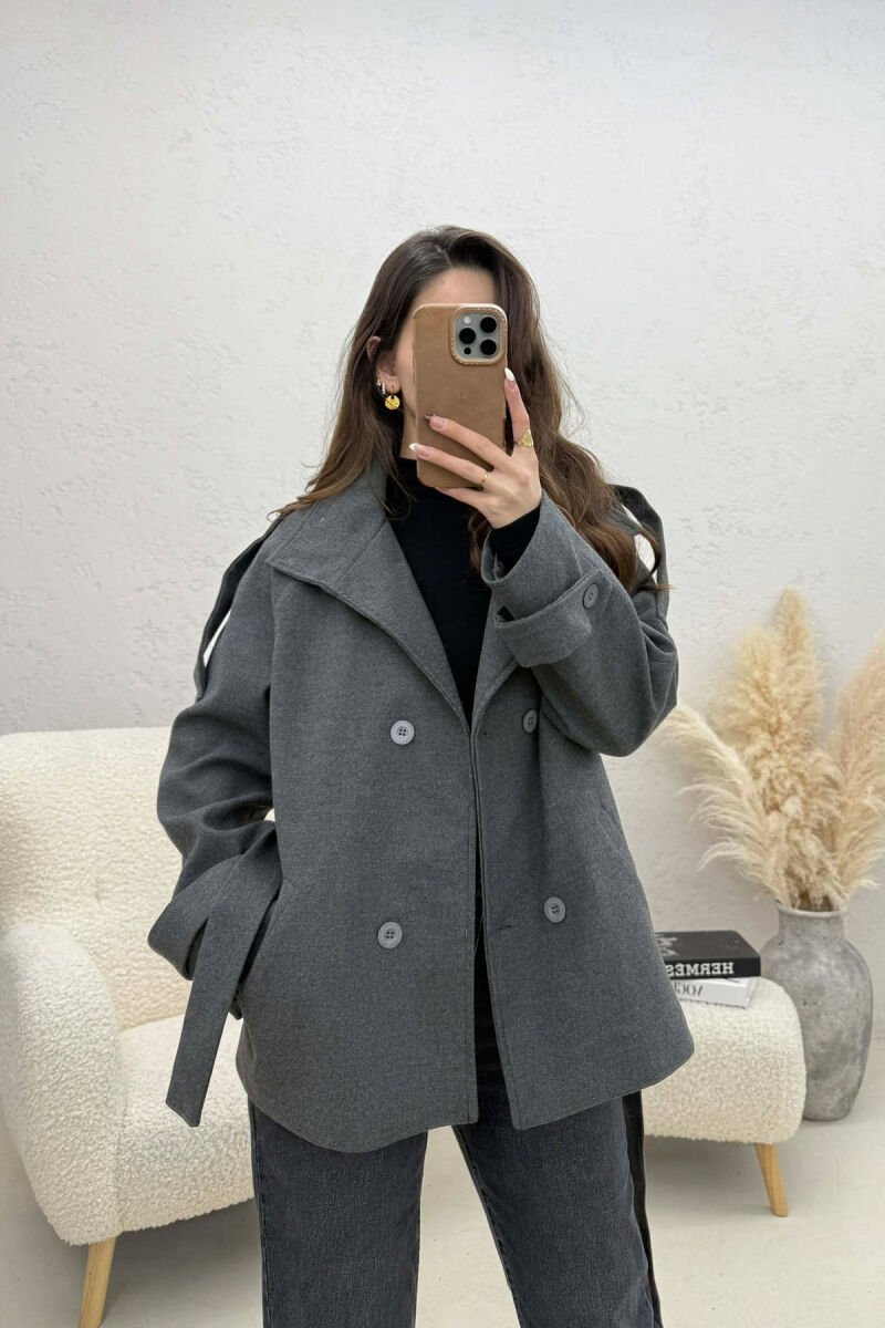 ONE COLOR BUTTONED WOMAN COAT WITH BELT GREY/GRI - 4