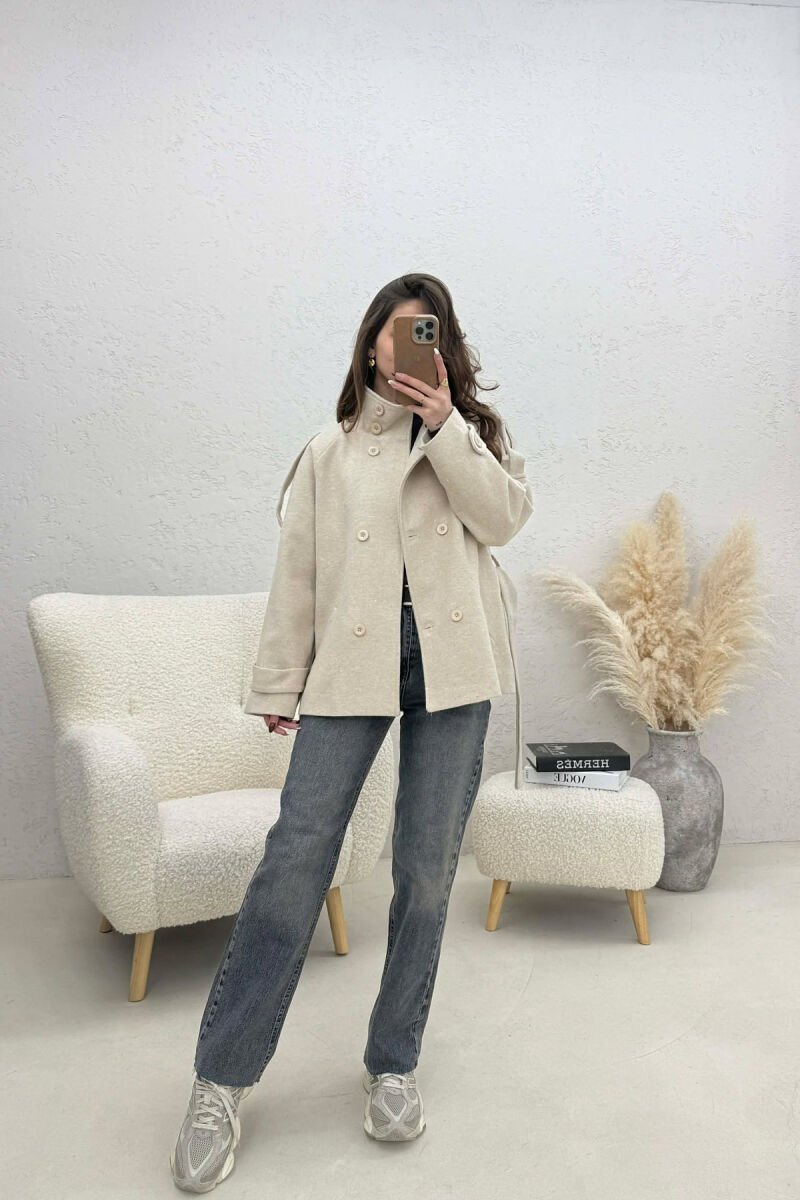ONE COLOR BUTTONED WOMAN COAT WITH BELT LIGHT BEIGE/BZHZB - 2