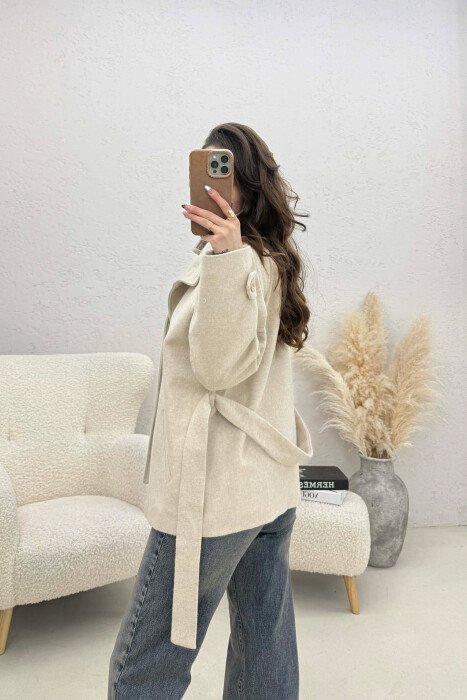 ONE COLOR BUTTONED WOMAN COAT WITH BELT LIGHT BEIGE/BZHZB - 3