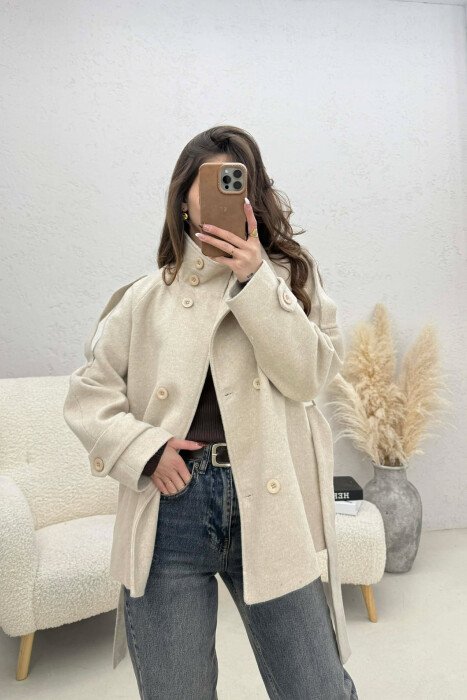 ONE COLOR BUTTONED WOMAN COAT WITH BELT LIGHT BEIGE/BZHZB - 4