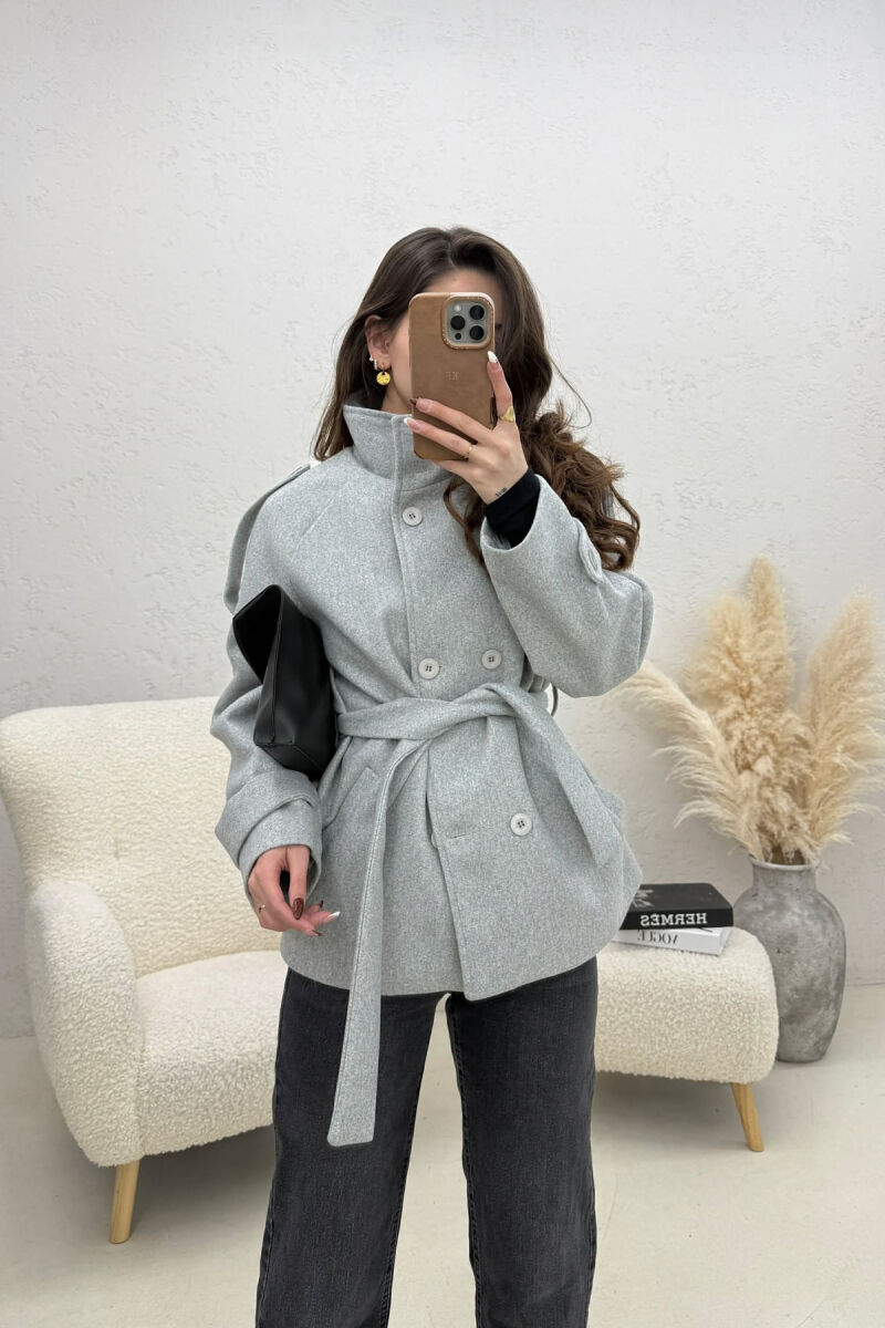 ONE COLOR BUTTONED WOMAN COAT WITH BELT LIGHT GREY/GZ - 1