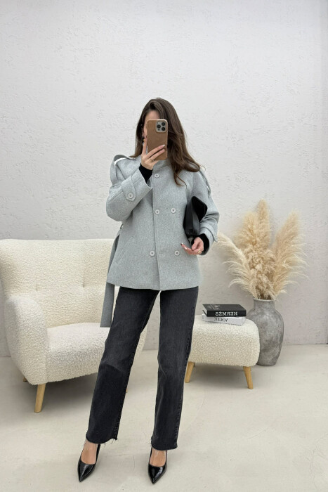 ONE COLOR BUTTONED WOMAN COAT WITH BELT LIGHT GREY/GZ - 3