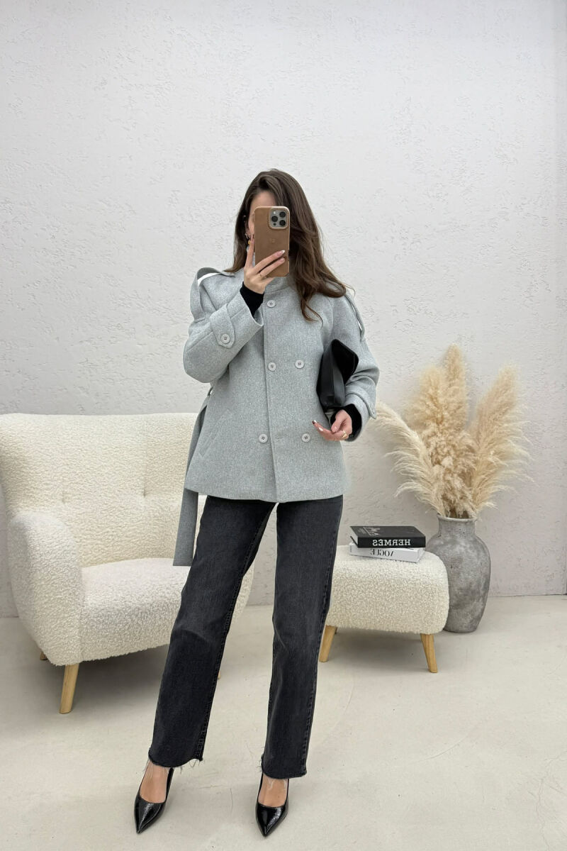 ONE COLOR BUTTONED WOMAN COAT WITH BELT LIGHT GREY/GZ - 3