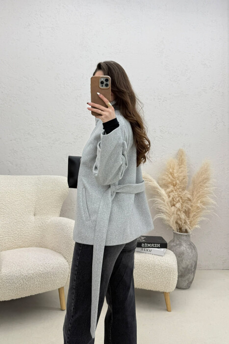 ONE COLOR BUTTONED WOMAN COAT WITH BELT LIGHT GREY/GZ - 4