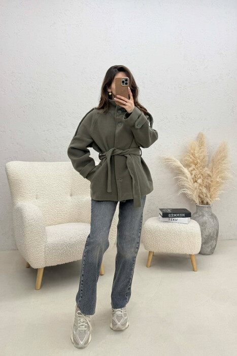 ONE COLOR BUTTONED WOMAN COAT WITH BELT OLIVE/ULLI - 3