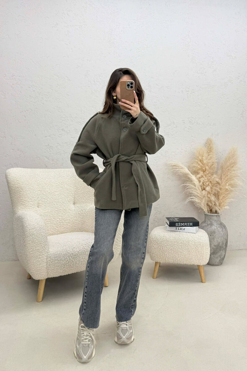 ONE COLOR BUTTONED WOMAN COAT WITH BELT OLIVE/ULLI - 3