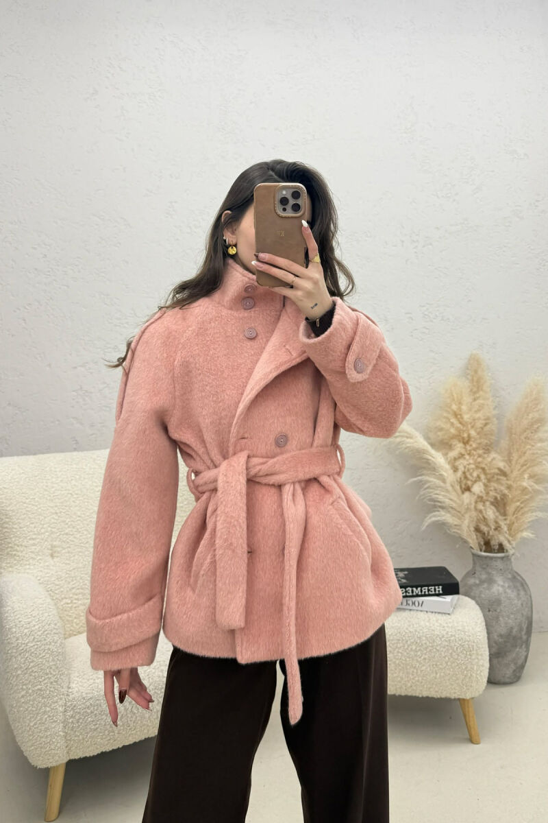 ONE COLOR BUTTONED WOMAN COAT WITH BELT POWDER/PUDER - 1