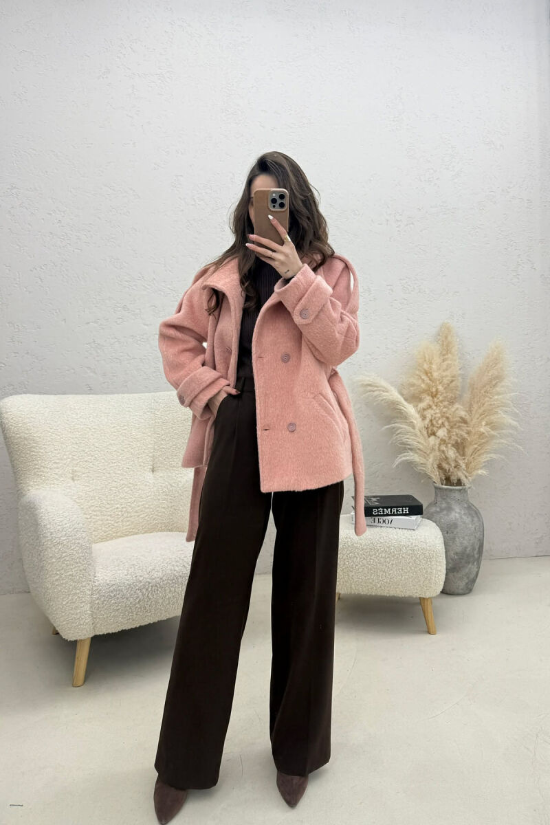 ONE COLOR BUTTONED WOMAN COAT WITH BELT POWDER/PUDER - 2