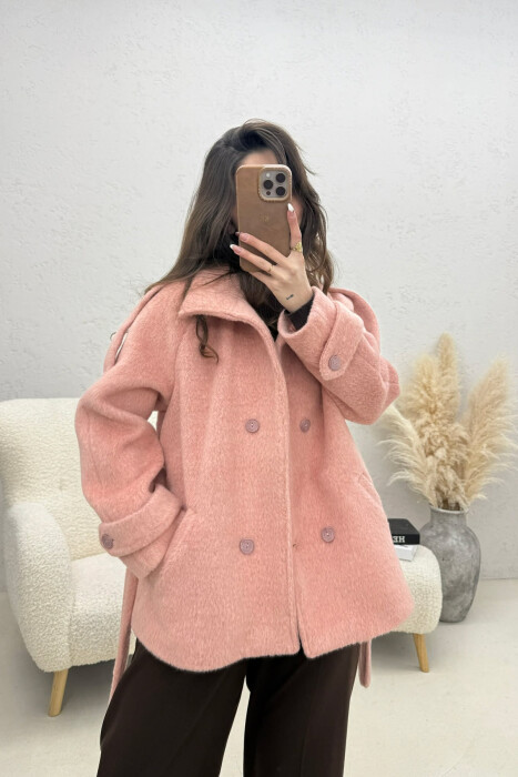 ONE COLOR BUTTONED WOMAN COAT WITH BELT POWDER/PUDER - 3