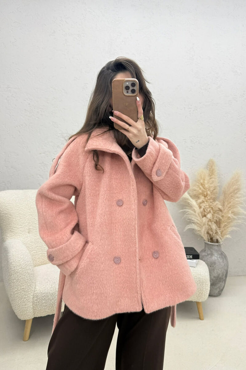 ONE COLOR BUTTONED WOMAN COAT WITH BELT POWDER/PUDER - 3