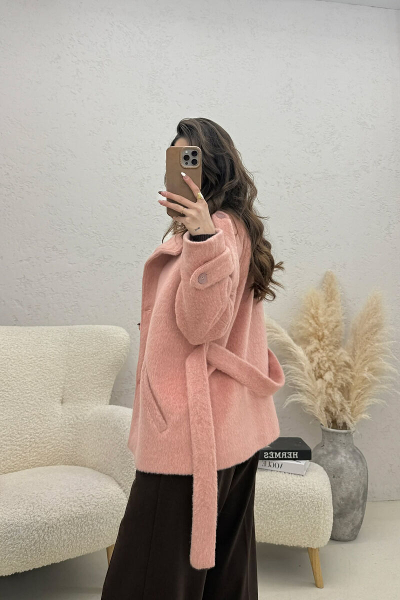 ONE COLOR BUTTONED WOMAN COAT WITH BELT POWDER/PUDER - 4