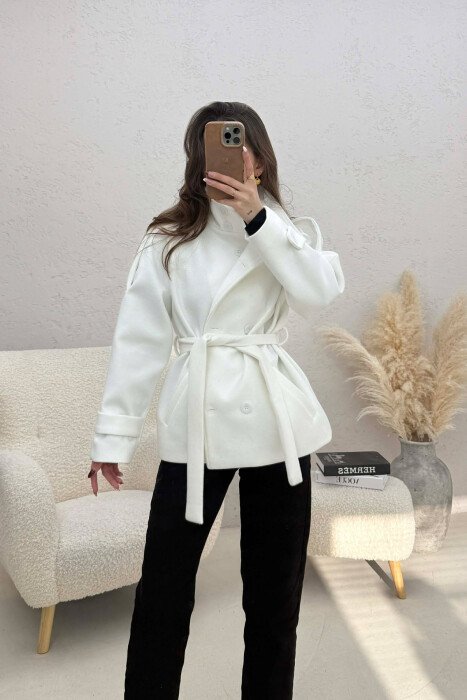 ONE COLOR BUTTONED WOMAN COAT WITH BELT WHITE-E BARDHE - KLAUDIO FASHION