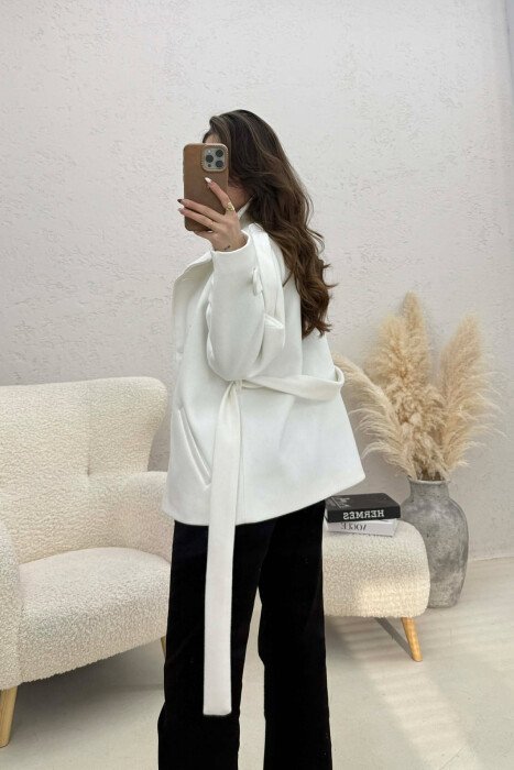 ONE COLOR BUTTONED WOMAN COAT WITH BELT WHITE-E BARDHE - 2