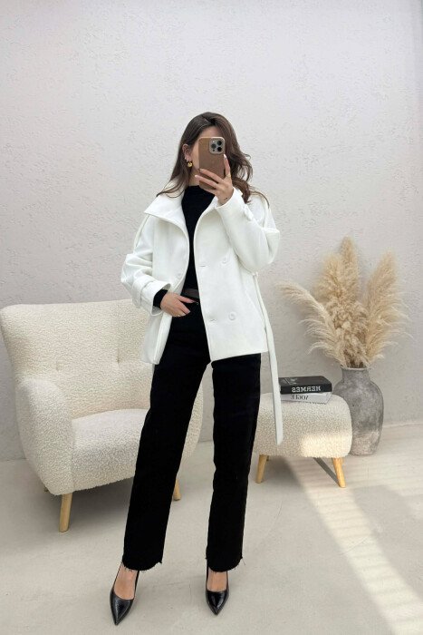 ONE COLOR BUTTONED WOMAN COAT WITH BELT WHITE-E BARDHE - 3