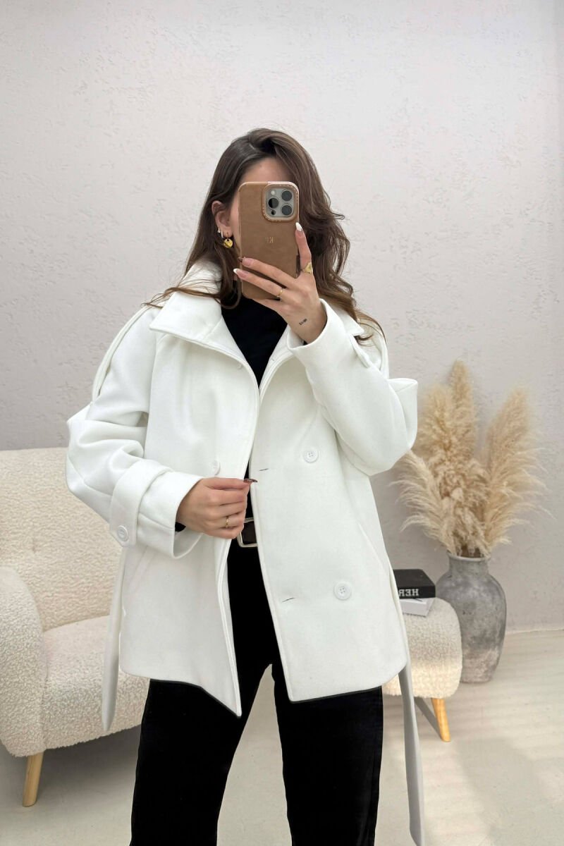 ONE COLOR BUTTONED WOMAN COAT WITH BELT WHITE-E BARDHE - 4
