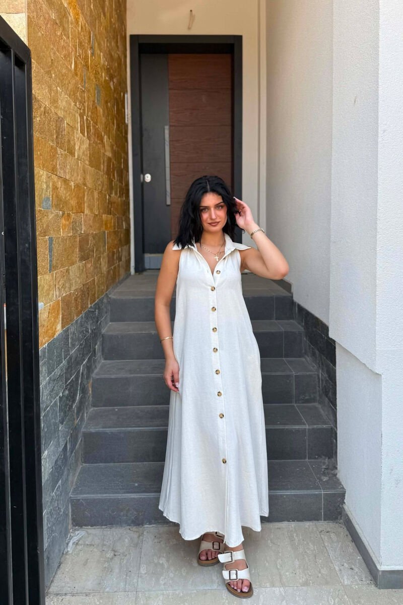 ONE COLOR BUTTONED WOMAN DRESS CREAM/KREM - 1