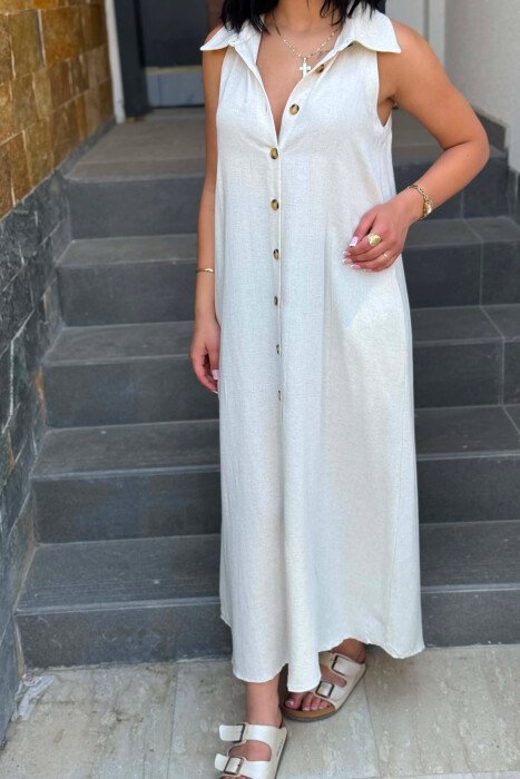ONE COLOR BUTTONED WOMAN DRESS CREAM/KREM - 2