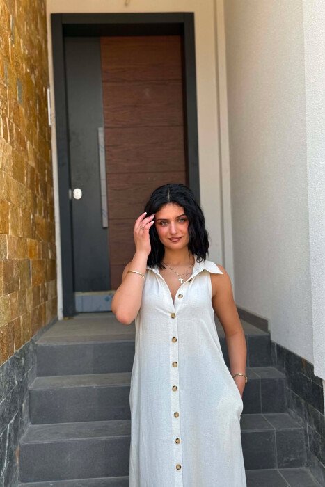ONE COLOR BUTTONED WOMAN DRESS CREAM/KREM - 3