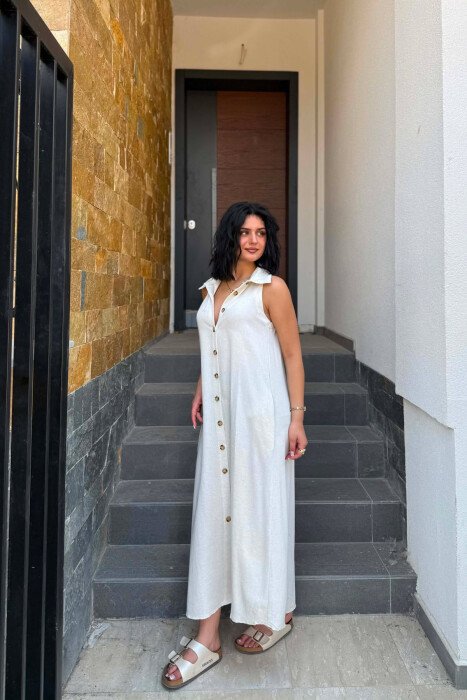 ONE COLOR BUTTONED WOMAN DRESS CREAM/KREM - 4