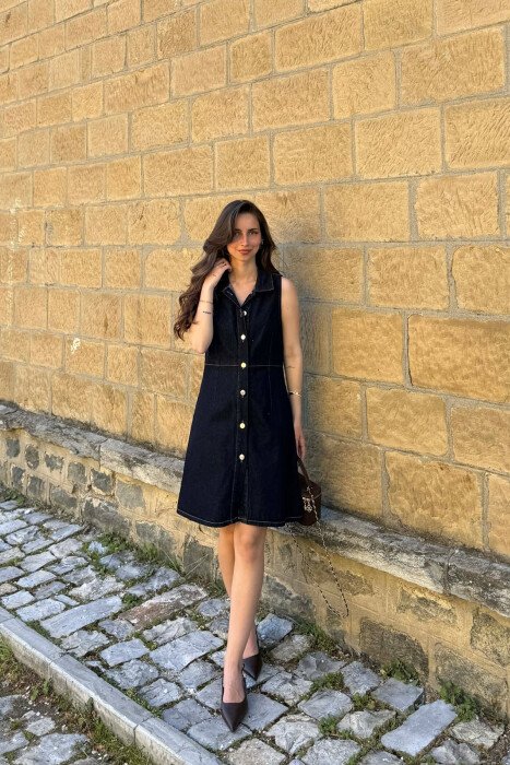 ONE COLOR BUTTONED WOMAN DRESS DARK BLUE/BEE - 1