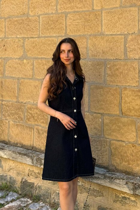 ONE COLOR BUTTONED WOMAN DRESS DARK BLUE/BEE - 5