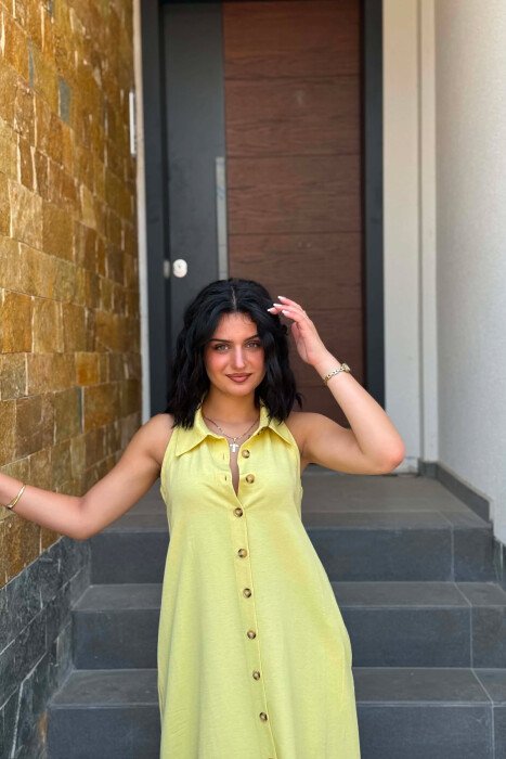 ONE COLOR BUTTONED WOMAN DRESS MUSTARD/MUSTARDE - 3