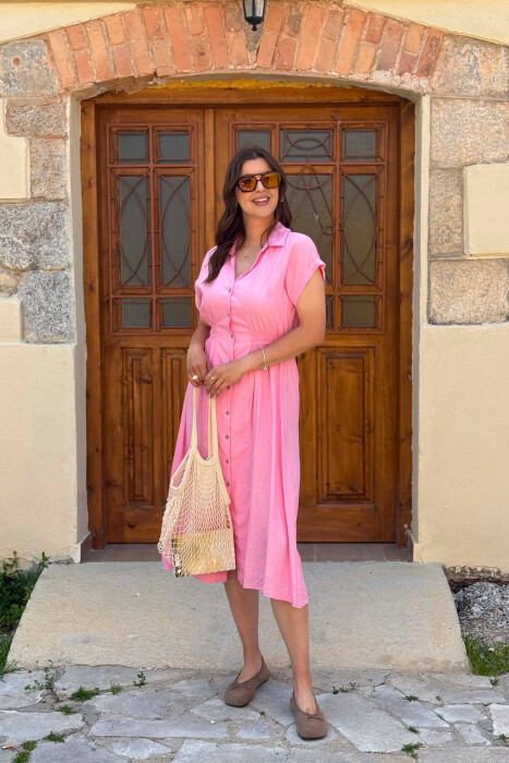 ONE COLOR BUTTONED WOMAN DRESS PINK/ROZE - 3
