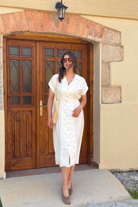 ONE COLOR BUTTONED WOMAN DRESS WHITE-E BARDHE 