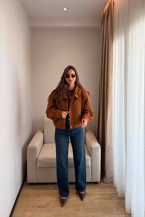 ONE COLOR BUTTONED WOMAN JACKET BROWN/KAFE - 5