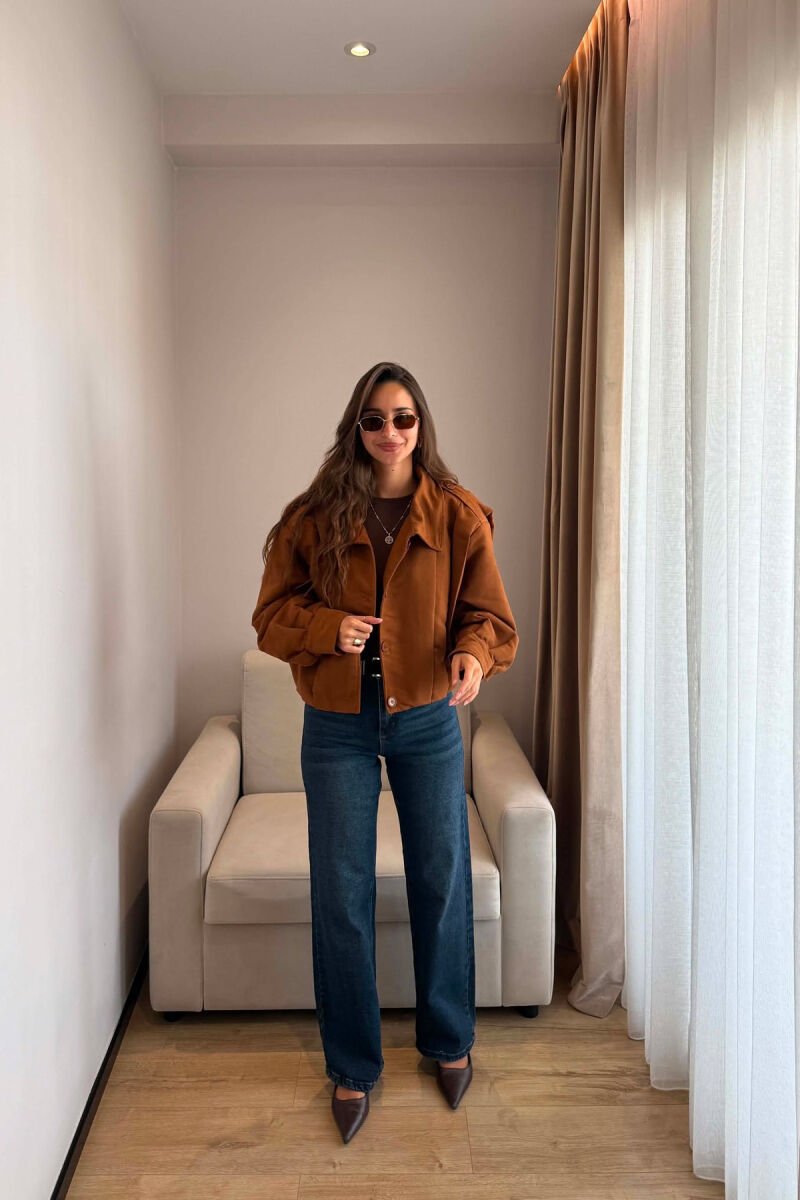 ONE COLOR BUTTONED WOMAN JACKET BROWN/KAFE - 5