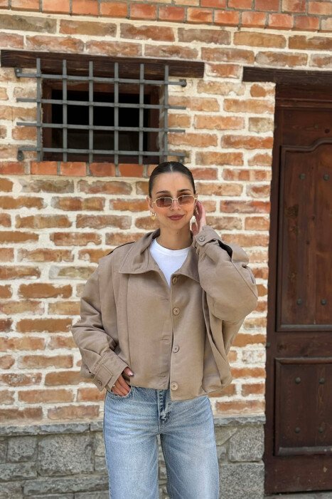 ONE COLOR BUTTONED WOMAN JACKET DARK BEIGE/BEZHE ERRET - 4