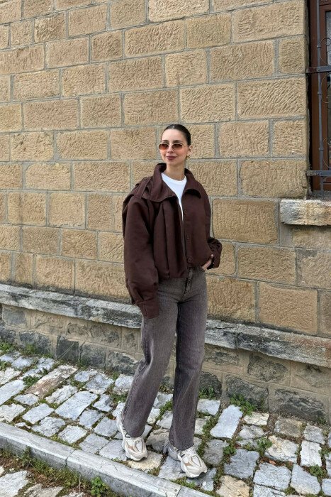 ONE COLOR BUTTONED WOMAN JACKET DARK BROWN/KAE - 4