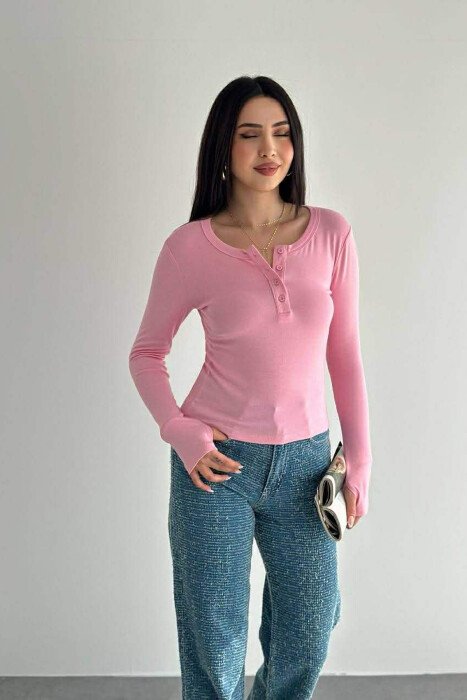 ONE COLOR BUTTONED WOMAN SWEATSHIRT PINK/ROZE - 2