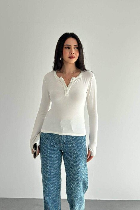 ONE COLOR BUTTONED WOMAN SWEATSHIRT WHITE-E BARDHE - 2
